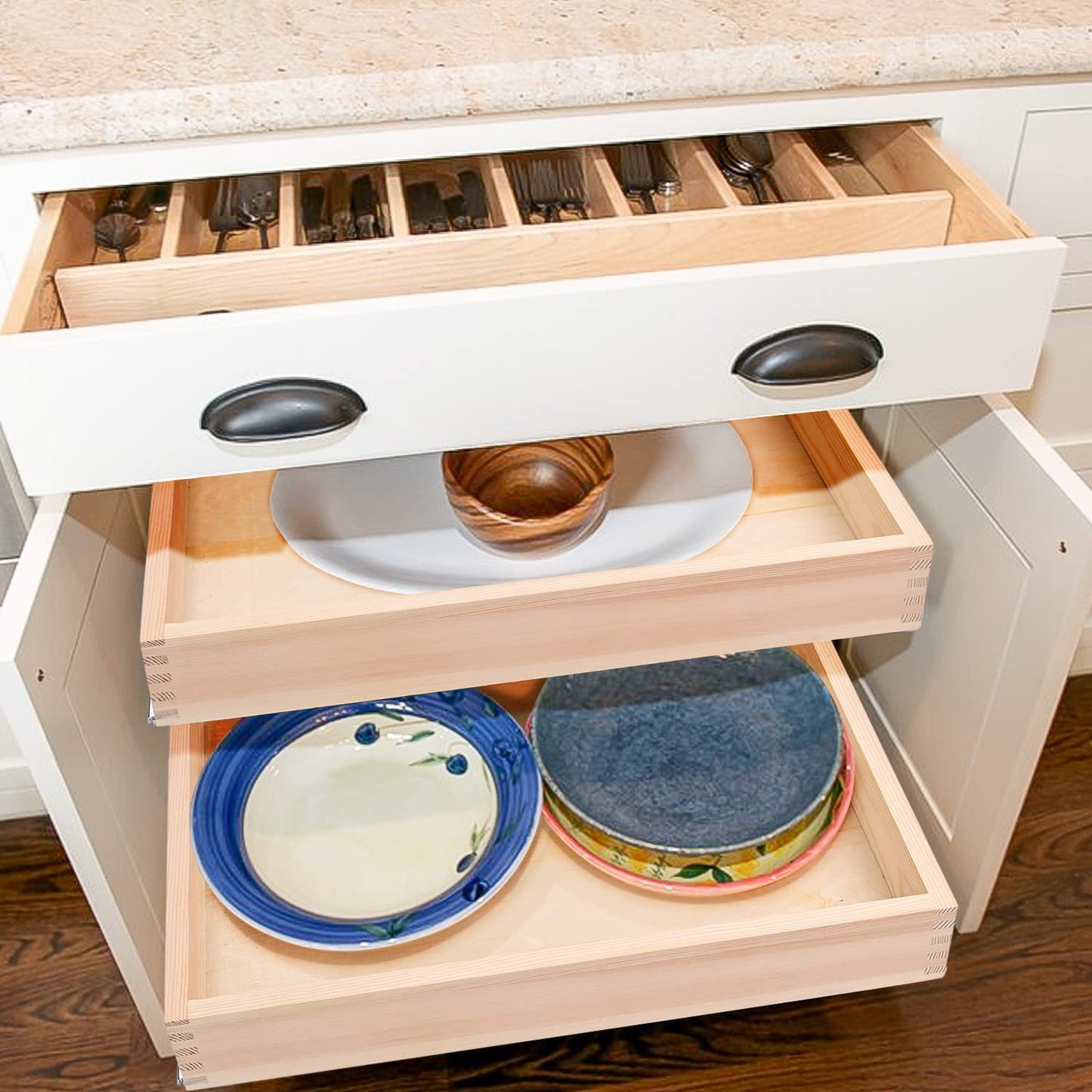 Mulush 13”W x 21”D x 3”H Soft Close Slide Out Wood Drawer Organizer for Kitchen, (Cabinet Opening Width>14.5 inches for Bottom Assembly, Width= 14 inches for Side Assembly)