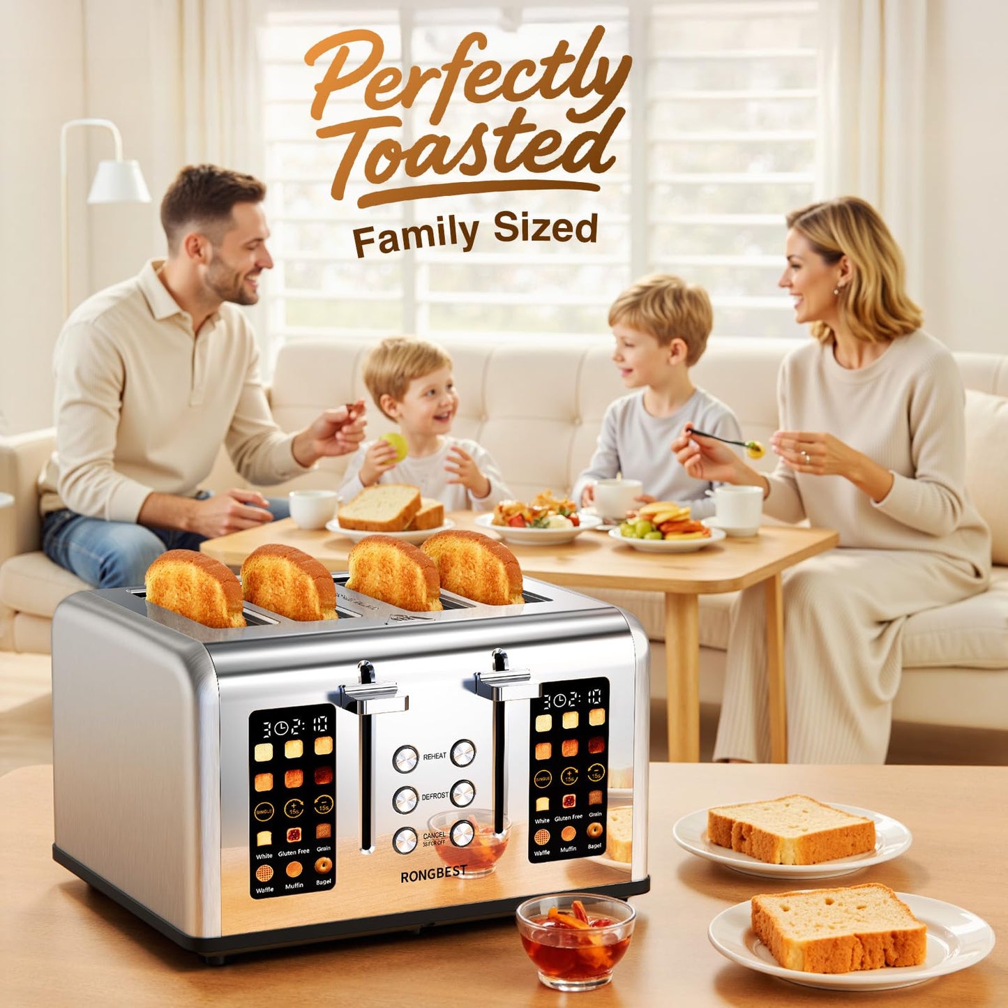 4 Slice Touch Screen Toaster, Easy-to-Use Digital Stainless Steel Toaster with Wide Slots, Reheat Defrost Cancel, Removable Crumb Tray, Silver