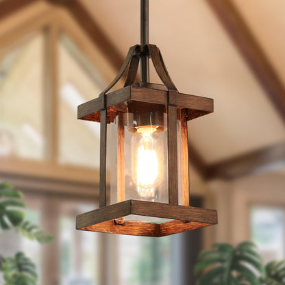 LOG BARN Pendant Lights Kitchen Island, Farmhouse Kitchen Pendant Lighting Over Island with Clear Glass, Rustic Faux Wood Pendant Light Fixtures, 5.5'' x 10.3''