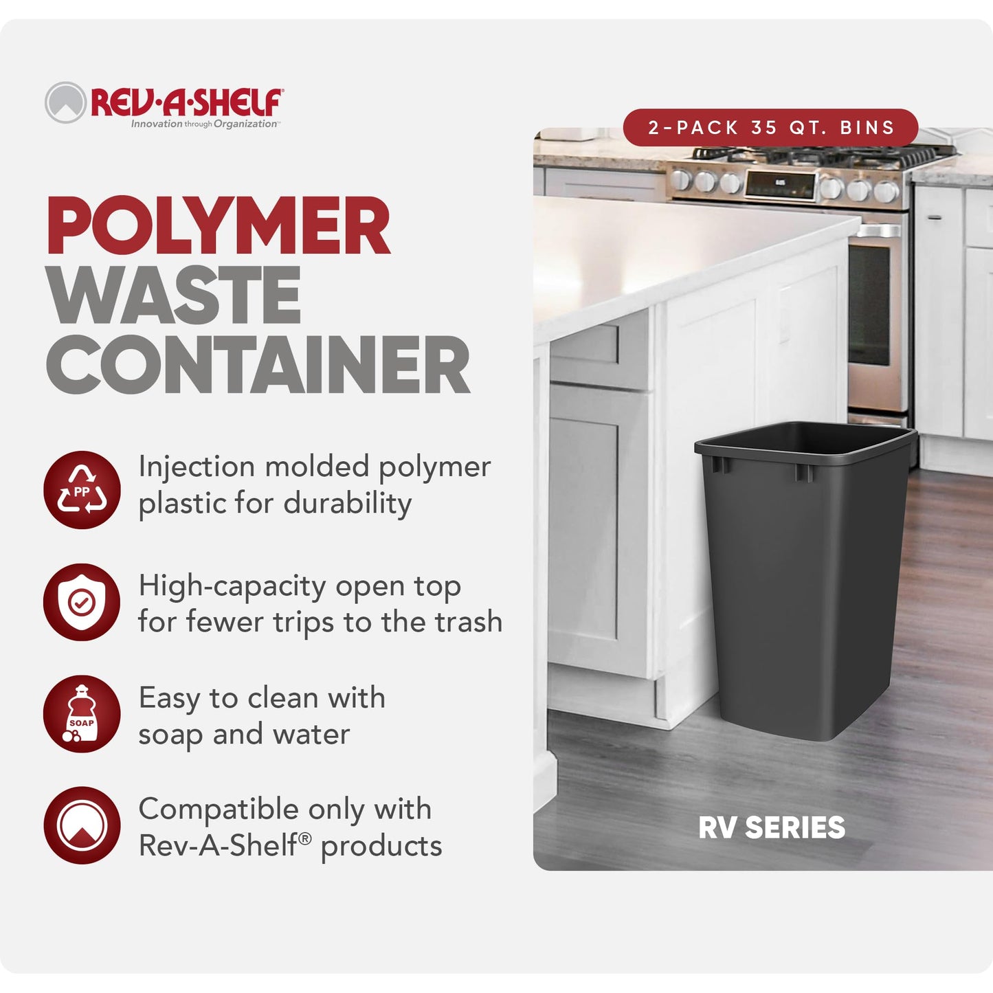 Rev-A-Shelf 2-Pack 35 Quart Polymer Replacement Trash Bin, Recycle Waste Garbage Container for Kitchen Cabinet Pullouts, Black, RV-35-18-2 - Large Plastic Bins for Home and Office