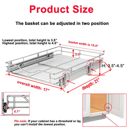 DINDON 1 Tier Pull Out Cabinet Organizer (17" W x 21" D) Heavy-Duty Metal Sliding Drawer Shelf, Slide Out Wire Basket for Kitchen Cabinets, Pantry, Bathroom, Chrome Finish…