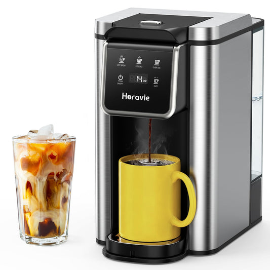 Horavie Single Serve Coffee Maker for K-Cup Pod and Grounds, Hot and Iced Coffee Maker, Strong Button Feature, 6 to 14oz Brew Sizes, 50oz Removable Tank, Up to 6.5 Inch Cup, Stainless Steel, Black