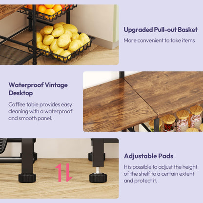 SWTYMIKI Bakers Rack with Storage - Coffee Bar Cabinet with Shelves, Coffee Station Organizer and Kitchen Stand with 8 Hooks, Baskets, Adjustable Feet for Kitchen Dining Room Pantry, Espresso