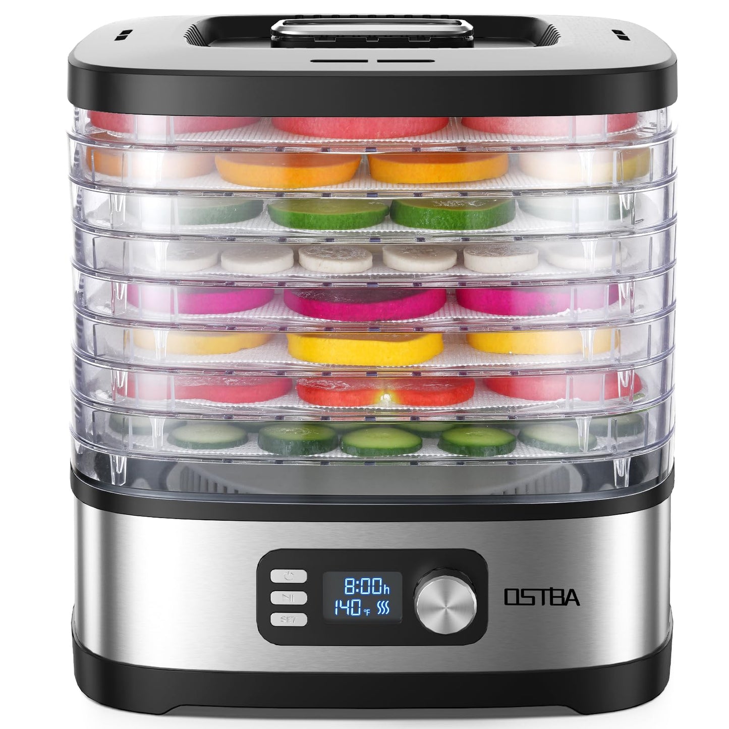OSTBA 8-Tray Food Dehydrator, 72H Timer & Temp Control up to 158℉, Includes 8 Mesh Sheets, 1 Fruit Roll Tray, 1 Tongs, Recipe Book for Jerky, Fruit, Meat, Vegetables, Herbs, BPA-Free