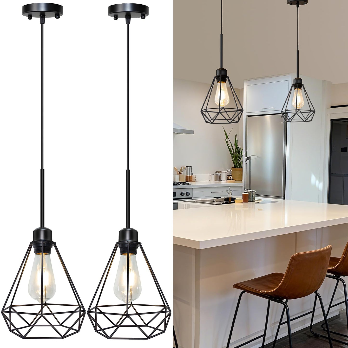 Maliralt Pendant Light Hanging Lights Fixture - Black Industrial Hanging Lamps with Metal Diamond Shade for Kitchen Island, Dining Room Over Table, Breakfast Corner, Farmhouse Home Decor - 2 Pack