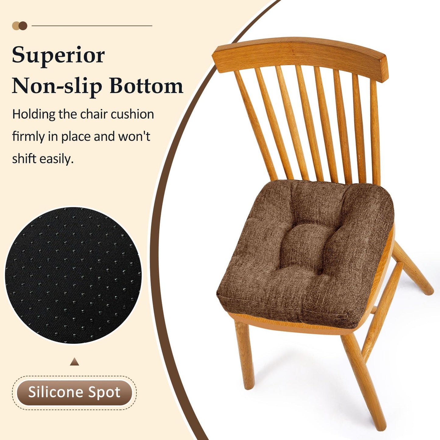 downluxe Chair Cushions for Dining Chairs 2 Pack, Tufted Indoor Chair Pads with Non-Slip Bottom, U-Shaped Kitchen Chair Cushions, 17"x17"x4", Brown