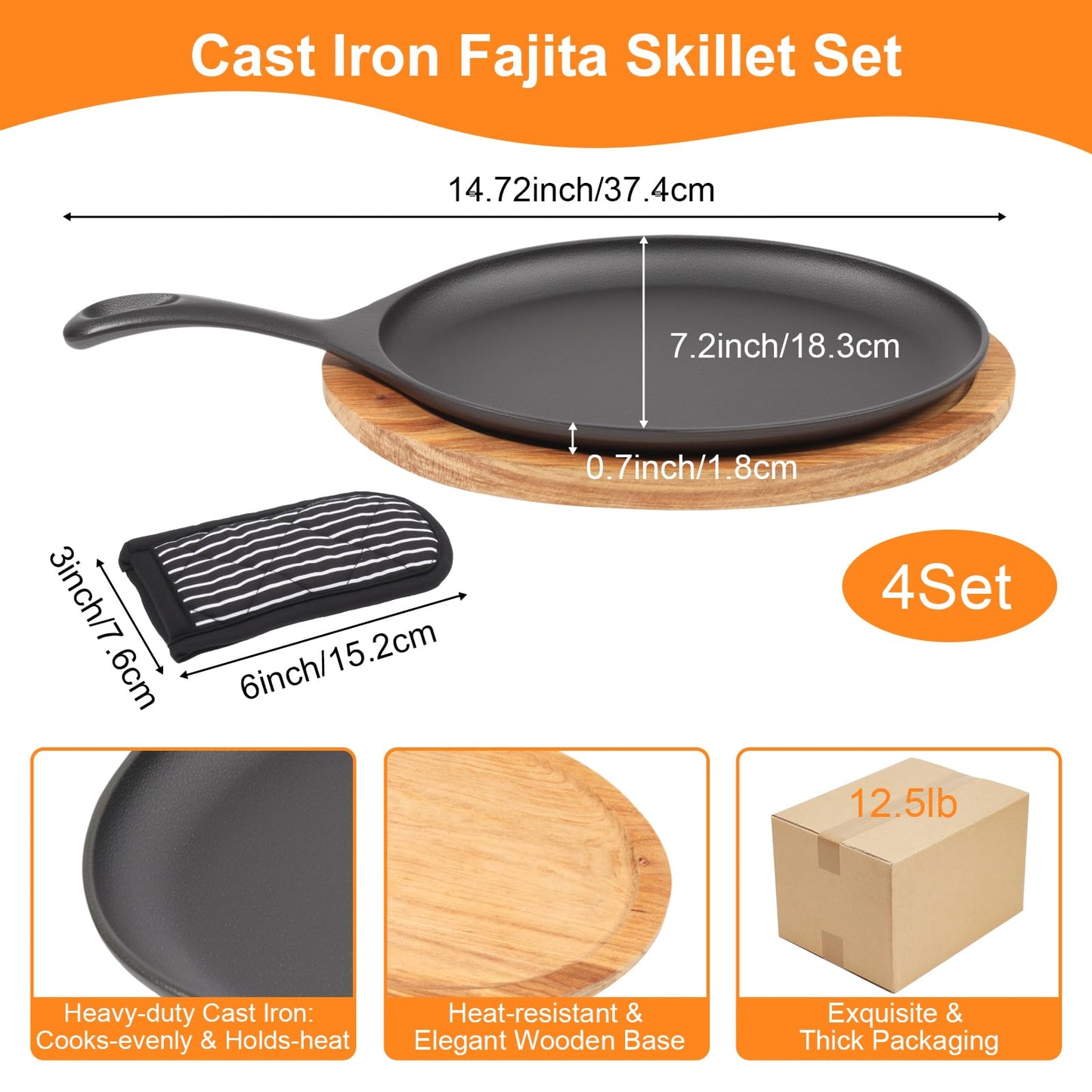 4 Sets Cast Iron Fajita Skillet Set Sizzling Plate with Wooden Base & Anti Scald Protection Hot Handle Cover, Cast Iron Skillets Set for Home Barbecue Kitchen Party Restaurant Catering Service