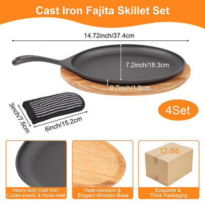 4 Sets Cast Iron Fajita Skillet Set Sizzling Plate with Wooden Base & Anti Scald Protection Hot Handle Cover, Cast Iron Skillets Set for Home Barbecue Kitchen Party Restaurant Catering Service
