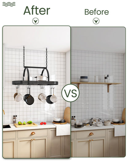 CHOEZON Hanging Pot Rack, Pot Hanger for Kitchen, Ceiling Mounted Pot Holder, Cookware Organizer with 12 S-Shaped Hooks, for Pot, Pan Storage, Space-Saving, Charcoal Black and Black TPR08BCC1