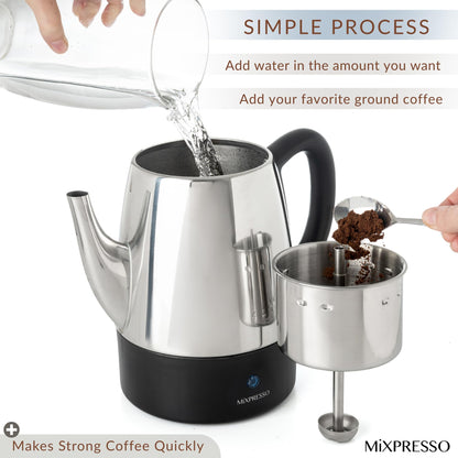 Mixpresso Small Electric Percolator Coffee Pot 4 Cup Stainless Steel - Coffee Percolator Electric with Keep Warm Function - Auto Shut-Off for Safe Daily Brewing