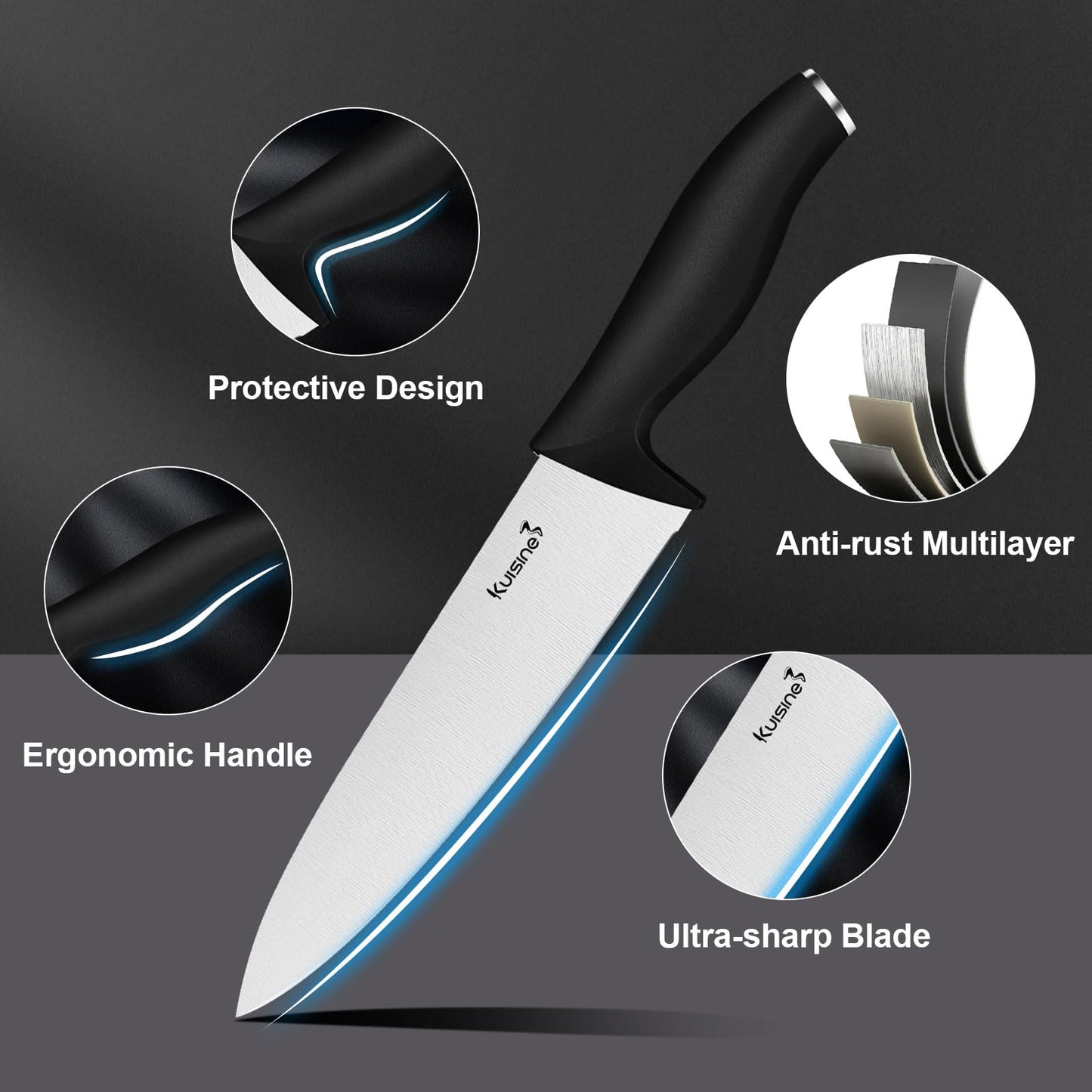 Kuisine Knife Set 15 pieces High Carbon Stainless Steel Professional Kitchen Knife block set with Sharpener Black