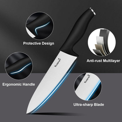 Kuisine Knife Set 15 pieces High Carbon Stainless Steel Professional Kitchen Knife block set with Sharpener Black
