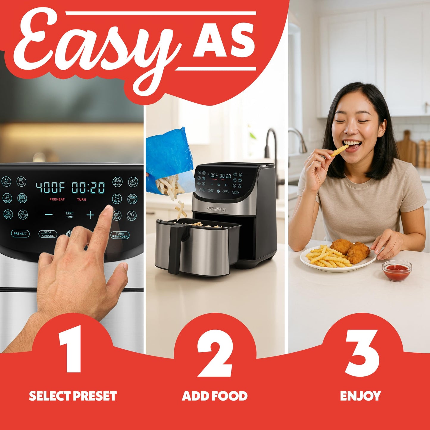 Gourmia Air Fryer - 8 Qt Extra Large Capacity, FryForce360º, Digital Display with 12 Presets, Roast, Bake, Broil, Dehydrate, Dishwasher Safe Accessories, Stainless Steel