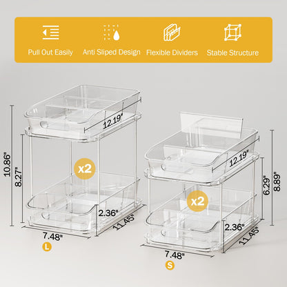 Delamu 2-Tier Under Sink Organizers and Storage, Multi-Purpose Stackable Bathroom Cabinet organizers, Pull Out Kitchen Pantry Organization and Storage with Dividers(4 Pack, Clear)