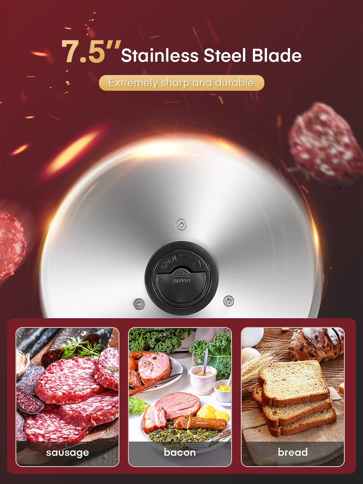 FOHERE 200W Meat Slicer Machine for Home, Electric Food Slicer with Two 7.5" Sharp Stainless Steel Blade(Serrated + Smooth) 0-15mm Precise Thickness Deli Meat Slicer for Bread Fruit Vegetable(Silver)