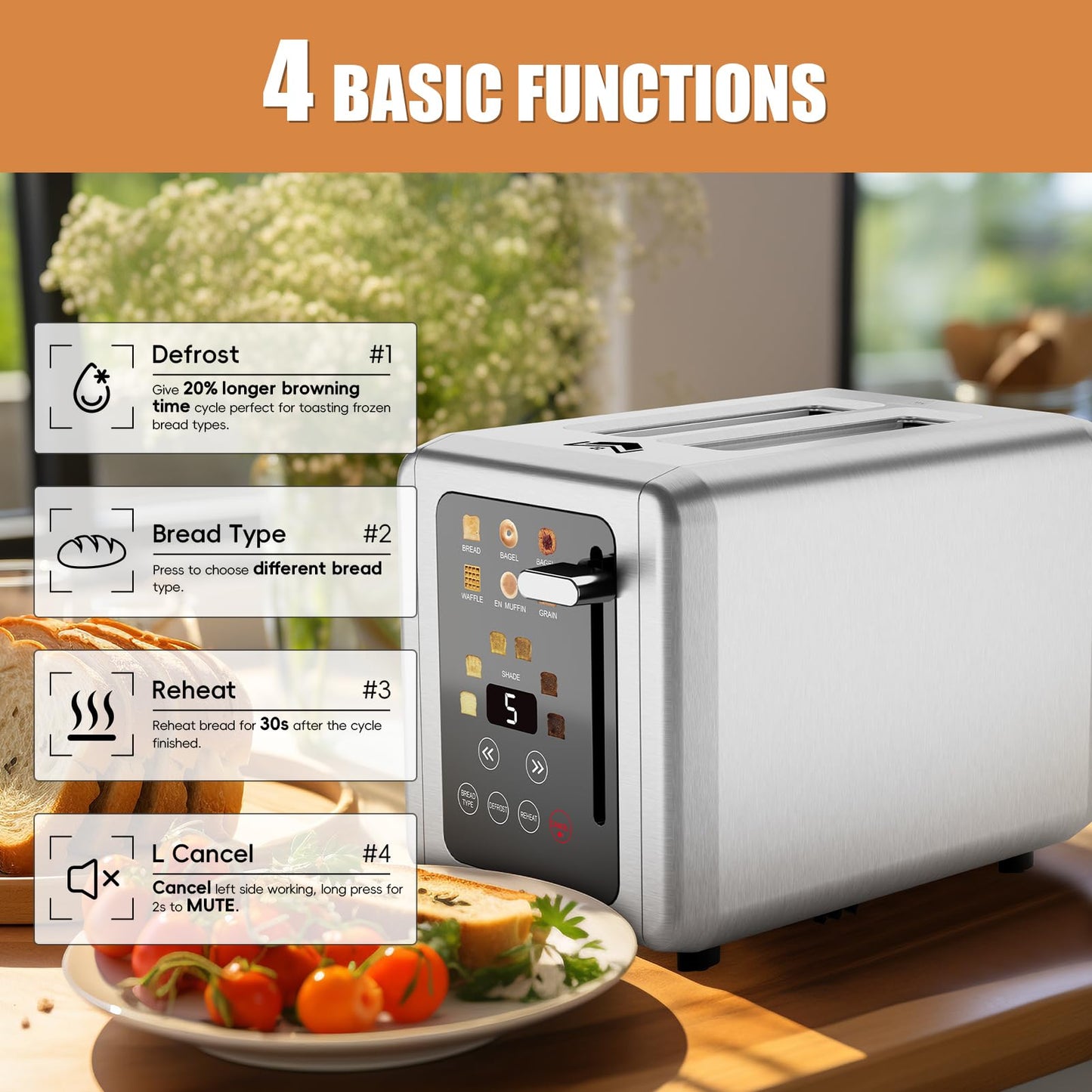 WUNLY 2 Slice Toaster,Touchscreen & Dual Independent Control Panel,5 Basic Functions & Digital Countdown Toasters,6 Shade Settings＆6 Bread Types,Smart Bread Maker Mute/Screen-Off,Platinum