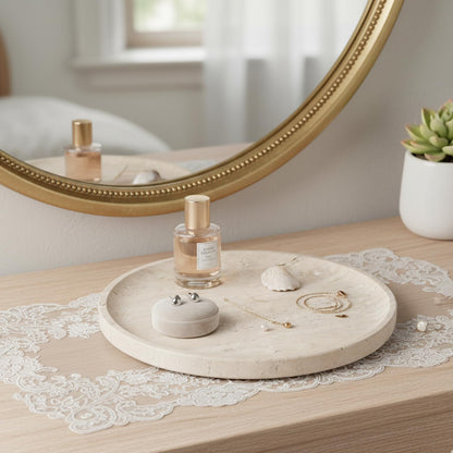 Koville Natural Travertine Tray for Home Decor, 10 Inch Round Serving Tray for Kitchen and Coffee Table, Decorative Marble Bathroom Trays for Counter, Luxury Vanity Tray, Light Beige Stone Tray