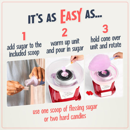 Nostalgia Cotton Candy Machine - Retro Cotton Candy Machine for Kids with 2 Reusable Cones, 1 Sugar Scoop, and 1 Extractor Head – Red