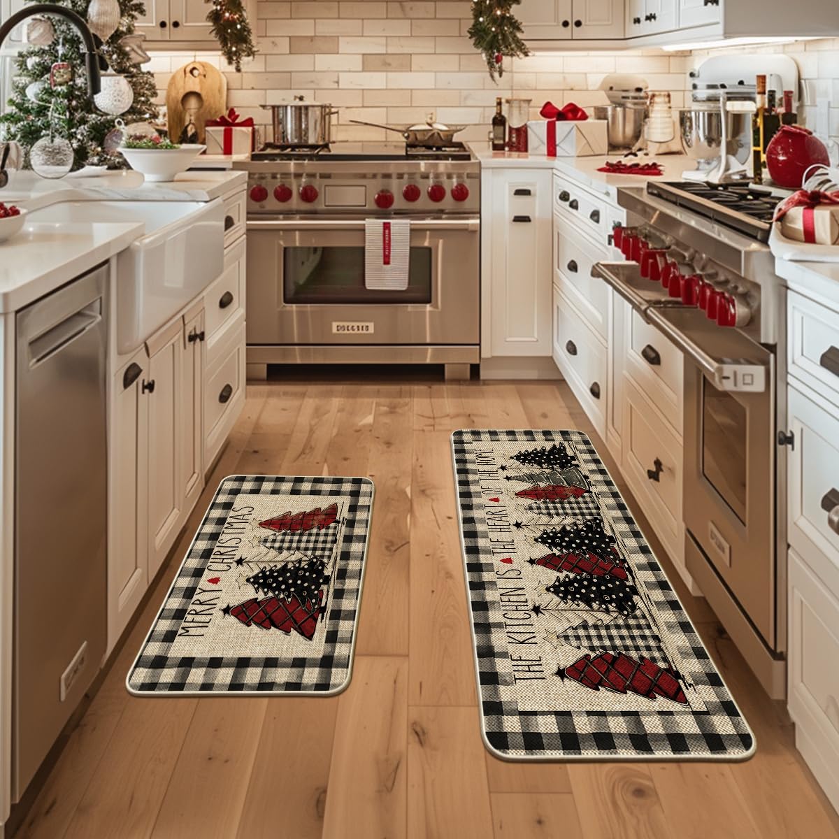 Artoid Mode Buffalo Plaid Xmas Tree Merry Christmas Kitchen Mats Set of 2, Winter Home Decor Low-Profile Kitchen Rugs for Floor - 24x35 and 24x59 Inch