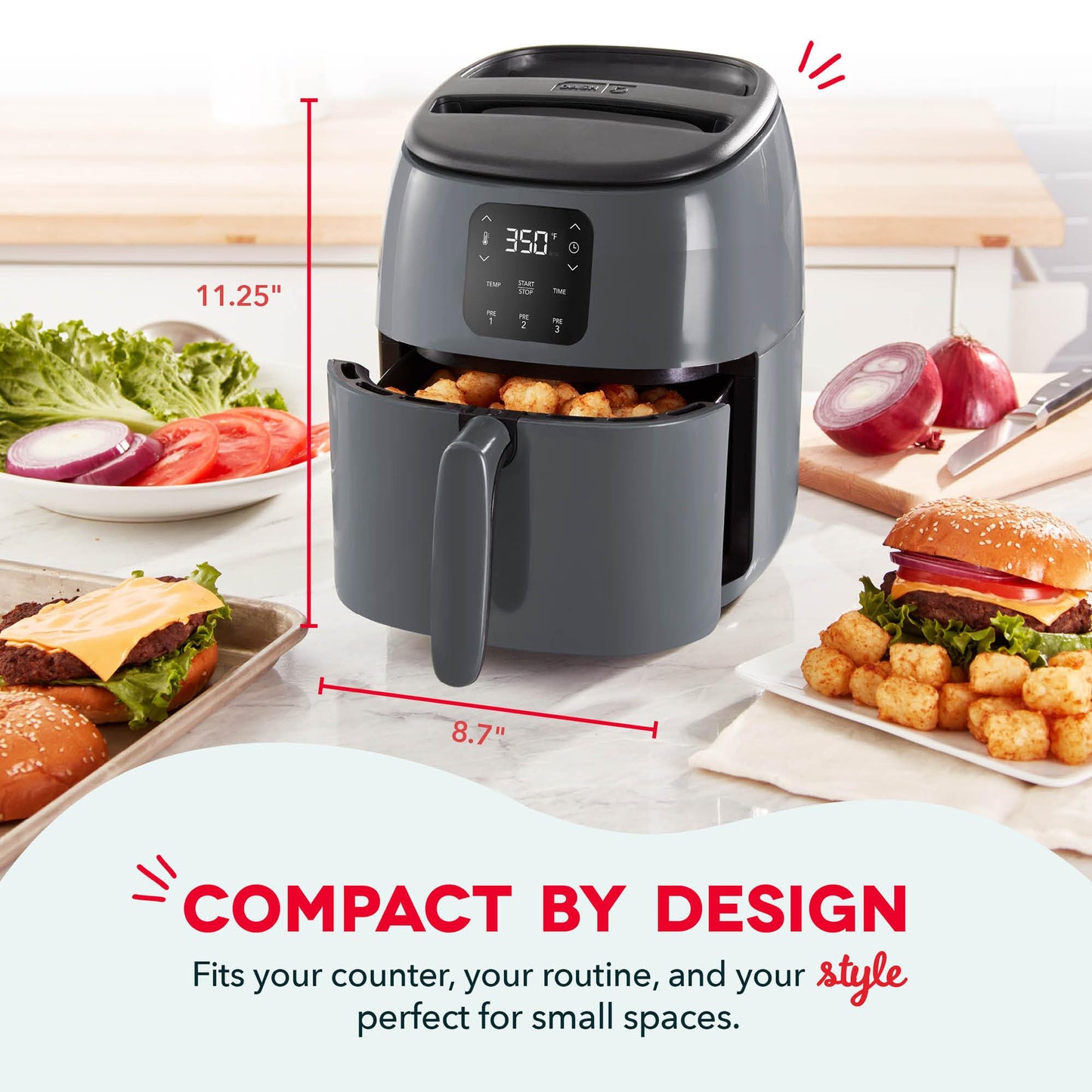 Dash Digital Tasti-Crisp™ Air Fryer - Compact Electric Digital Fryer With Auto Shut-Off Feature - Ideal for Small Spaces - AirCrisp® Technology - 2.6 Quarts - Cool Grey