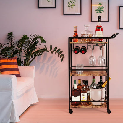LOTEYIKE 3 Tier Bar Cart, Mini Liquor Utility Cart for Wine Beverage Dinner Party, Rolling Wine Coffee Drink Serving Cart with Lockable Wheels for Home Kitchen Bars (Rustic Brown)