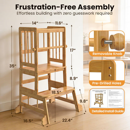 HBTower Kids Kitchen Step Stool with Safety Rails & Anti-Slip Feet,Toddler Standing Tower for Kitchen Counter Learning - Hold Up to 450lbs,Anti-Slip Feet Toddlers Learning Tower,Natural Bamboo