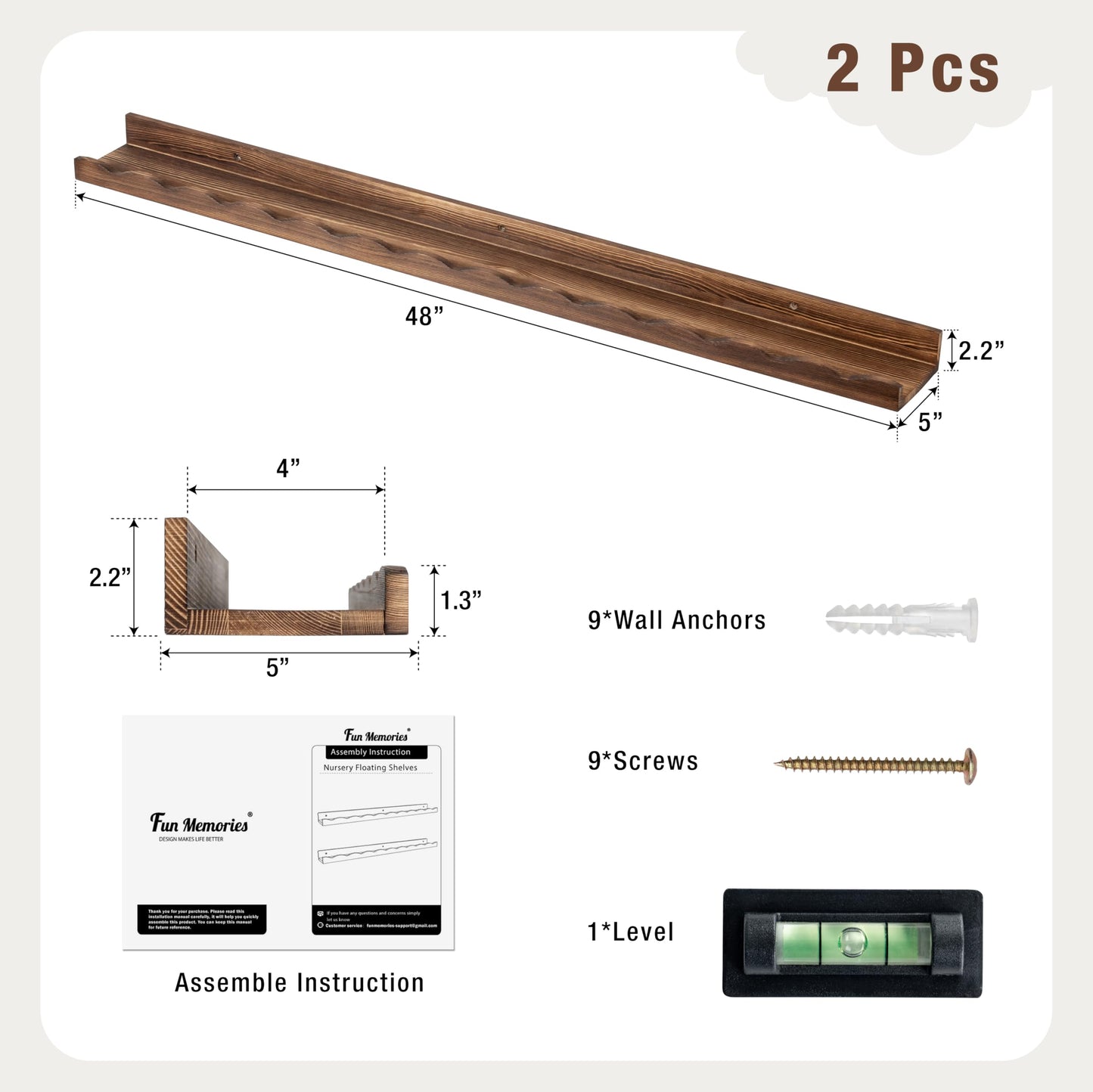 Fun Memories Picture Ledge Shelf for Wall, 48 inch Pine Wood Nursery Book Shelves Set of 2- Wall Book Shelves for Kids Room, Home Decor - Kitchen Spice-Carbonized