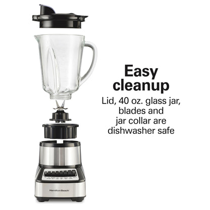 Hamilton Beach Wave Crusher Blender For Smoothies With 40 Oz Glass Jar and 14 Functions, Ice Sabre Blades & 700 Watts for Consistently Smooth Results, Black + Stainless Steel (54221)