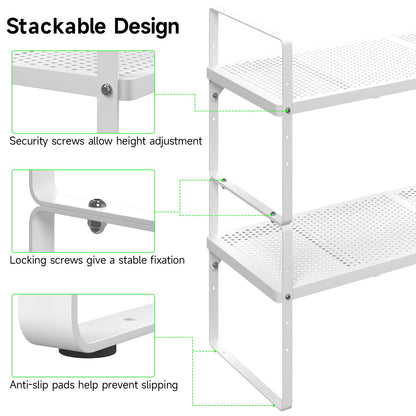 SOFRON Expandable Cabinet Storage Shelf Stackable Organizer Rack for Kitchen Bathroom Pantry Spice Cupboard Coffee Countertop Home Office Desk Heavy Duty Nonslip White Small 2 Packs