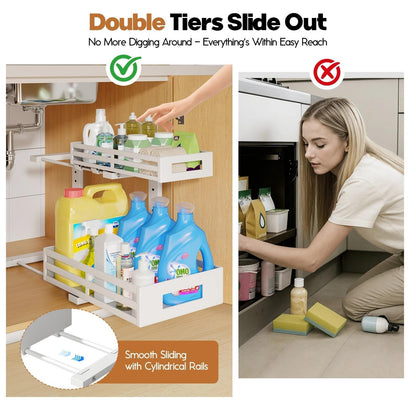 L-Shaped Metal Under Sink Organizer, 2-Tier Double Pull-Out Cabinet Organizer for Kitchen & Bathroom Storage, Height Adjustable, Smooth Cylinder Rail, White, 2 Packs