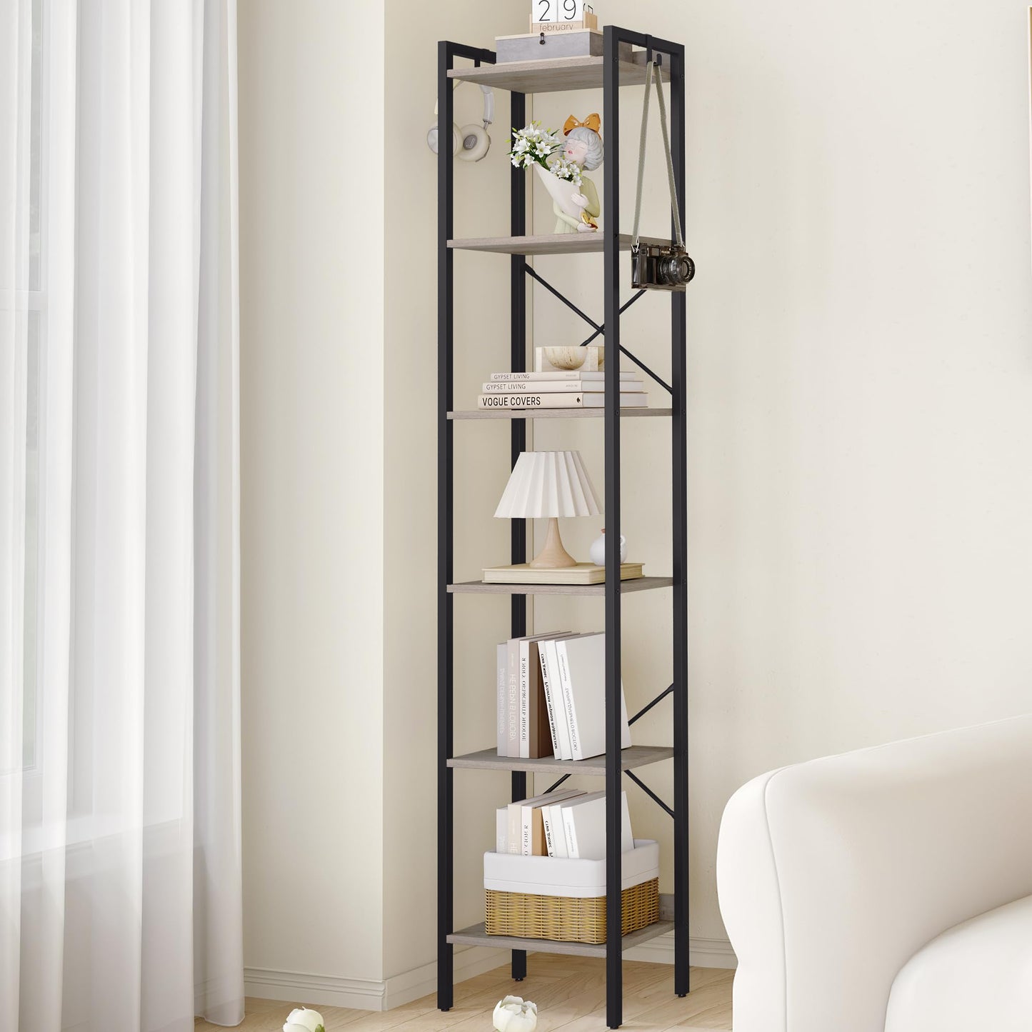 Hzuaneri Bookshelf, Book Shelf, Industrial Bookcase with 2 Hooks, Coner Shelf Storage Organizer for Home Office, Living Room, Bedroom, Kitchen, 6-Tier Greige BC10705B