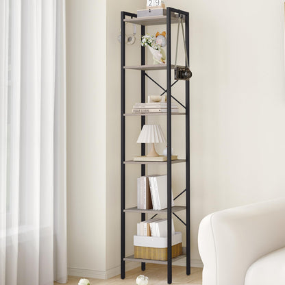 Hzuaneri Bookshelf, Book Shelf, Industrial Bookcase with 2 Hooks, Coner Shelf Storage Organizer for Home Office, Living Room, Bedroom, Kitchen, 6-Tier Greige BC10705B
