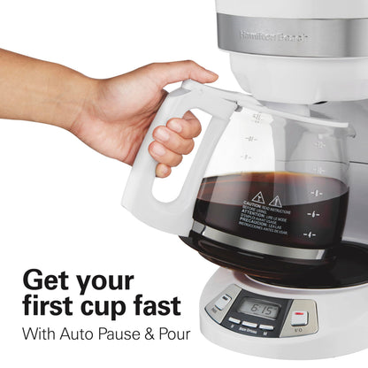 Hamilton Beach 12 Cup Programmable Drip Coffee Maker Machine, Regular & Bold Brew Options, Auto Pause and Pour, Glass Carafe, White (46294J)