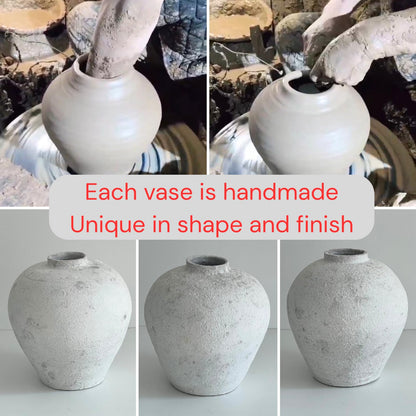 Handemade Large Round Vase for Centerpieces, White Rustic Vase Farmhouse Decor, Distressed Textured for Home Decorations, Earthy Room Decor Aesthetic, Stone Look Ceramic Clay Pottery, 9 inch