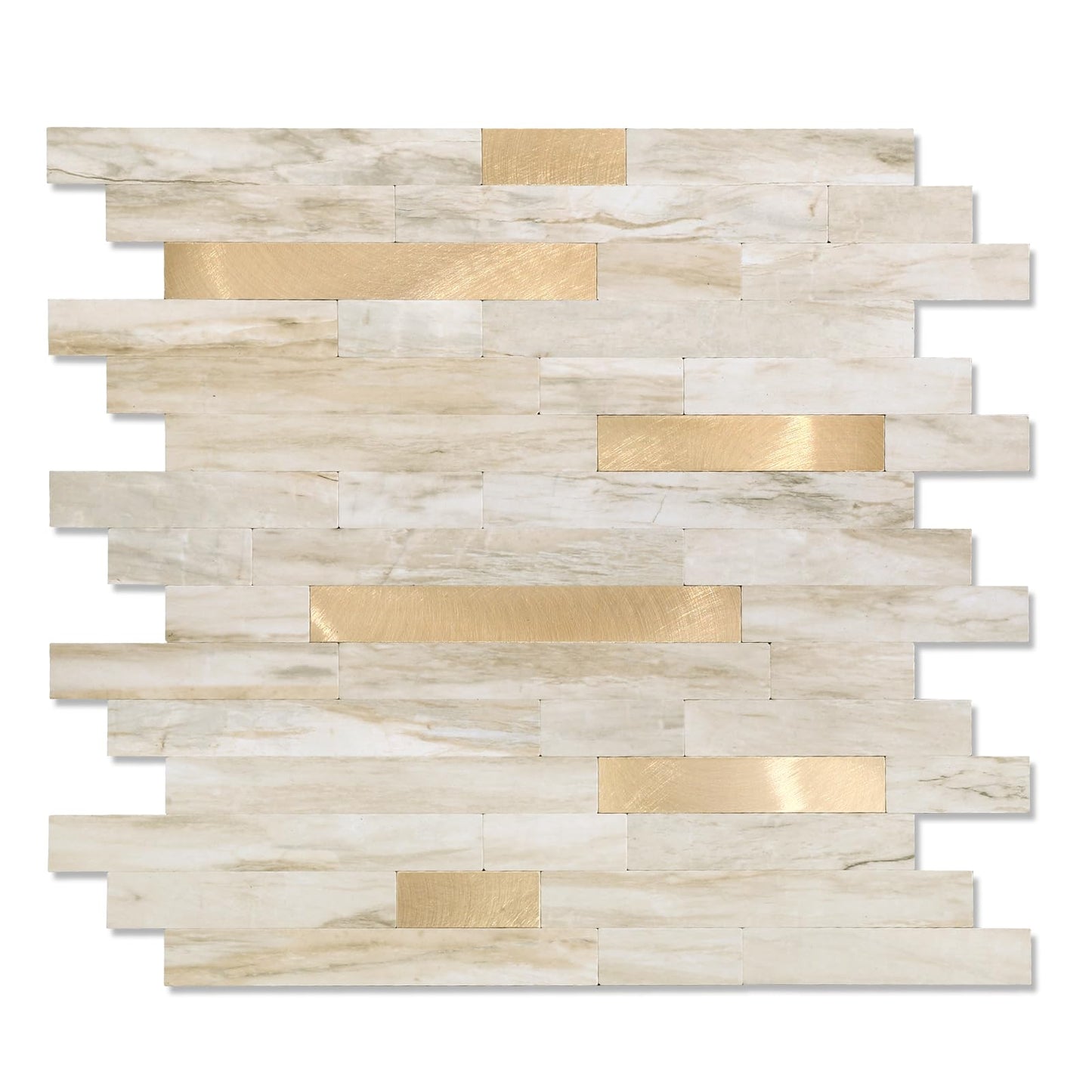 Yipscazo 10 Sheets Peel and Stick Stone Metal Tile Backsplash, Stick on Tiles for Backsplash Kitchen, Bathroom, Laundry Room, Camper, Fireplace (12'' X 12'', Beige Stone with Gold)