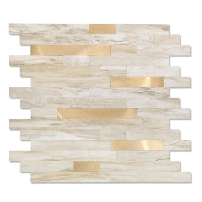 Yipscazo 10 Sheets Peel and Stick Stone Metal Tile Backsplash, Stick on Tiles for Backsplash Kitchen, Bathroom, Laundry Room, Camper, Fireplace (12'' X 12'', Beige Stone with Gold)