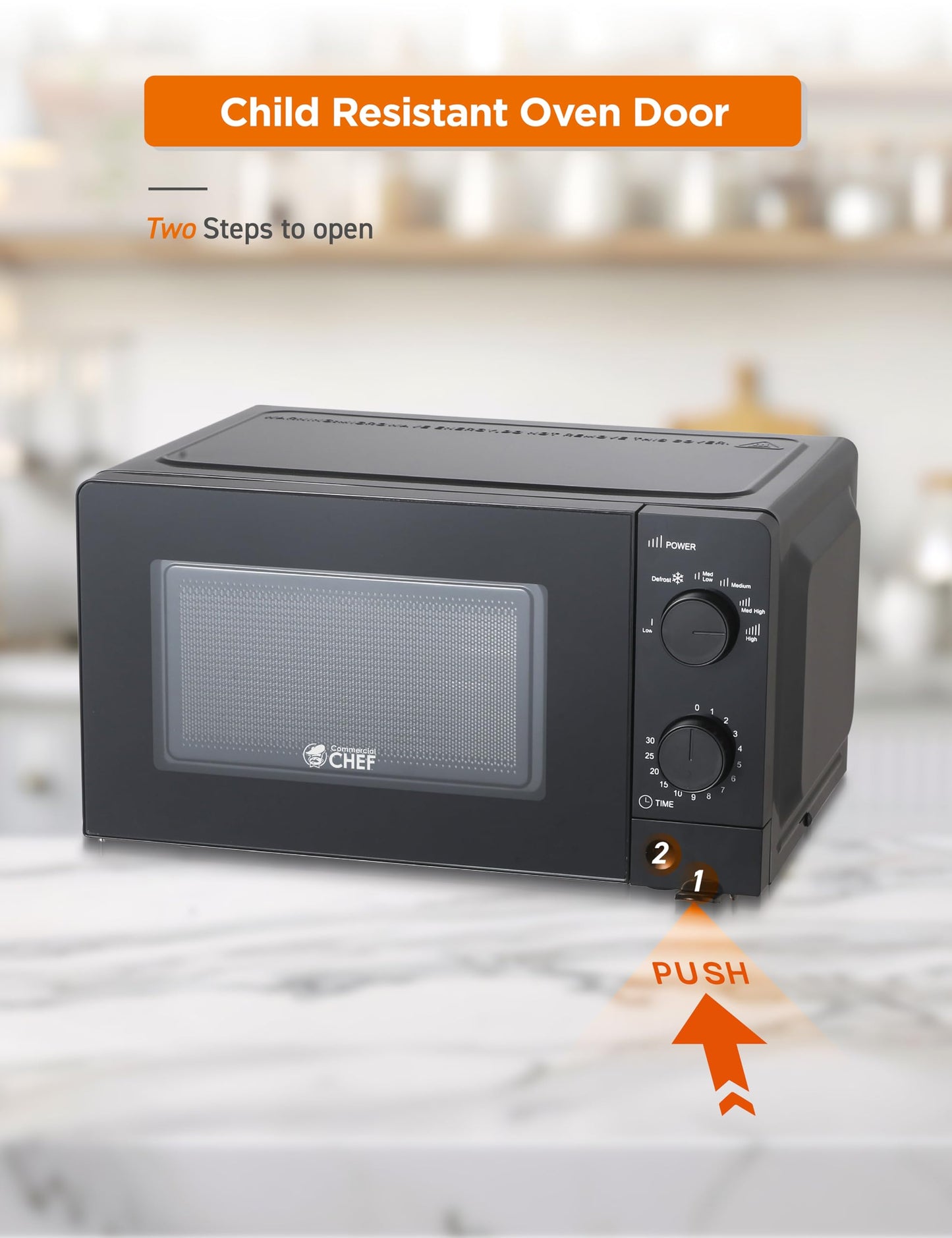 Commercial Chef 0.6 Cu. Ft. Countertop Microwave Oven, Mechanical Dial Controls, 700W, Pull Handle Door, 6 Power Levels, CHM660B, Black