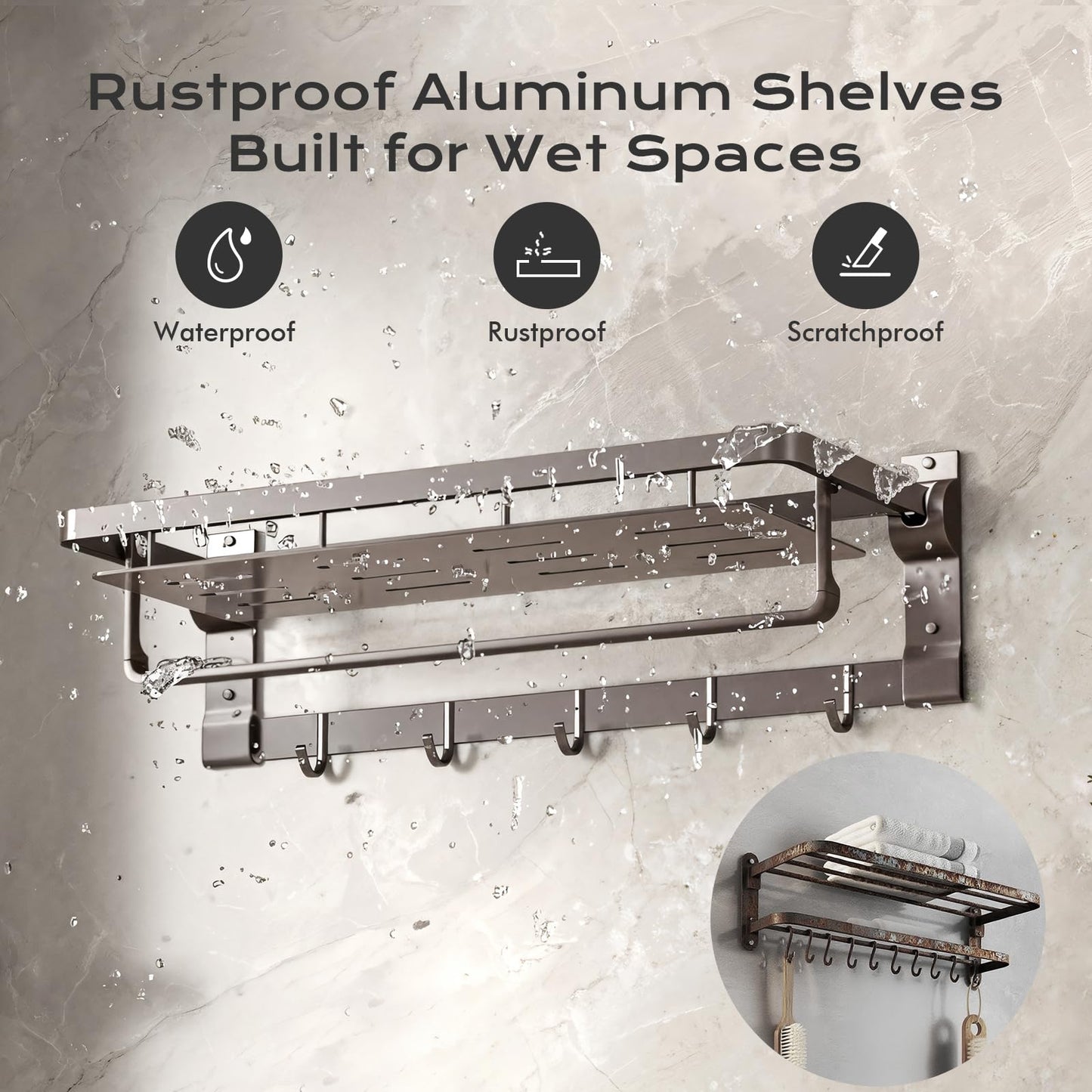 Rust-Proof Floating Shelves Organizer with Foldable Towel Bar 5 Towel Hooks Wall Mounted Organizer 23-Inch Towel Racks for Bathroom Lavatory Kitchen Rv Home Decor, Grey