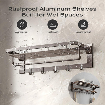 Rust-Proof Floating Shelves Organizer with Foldable Towel Bar 5 Towel Hooks Wall Mounted Organizer 23-Inch Towel Racks for Bathroom Lavatory Kitchen Rv Home Decor, Grey