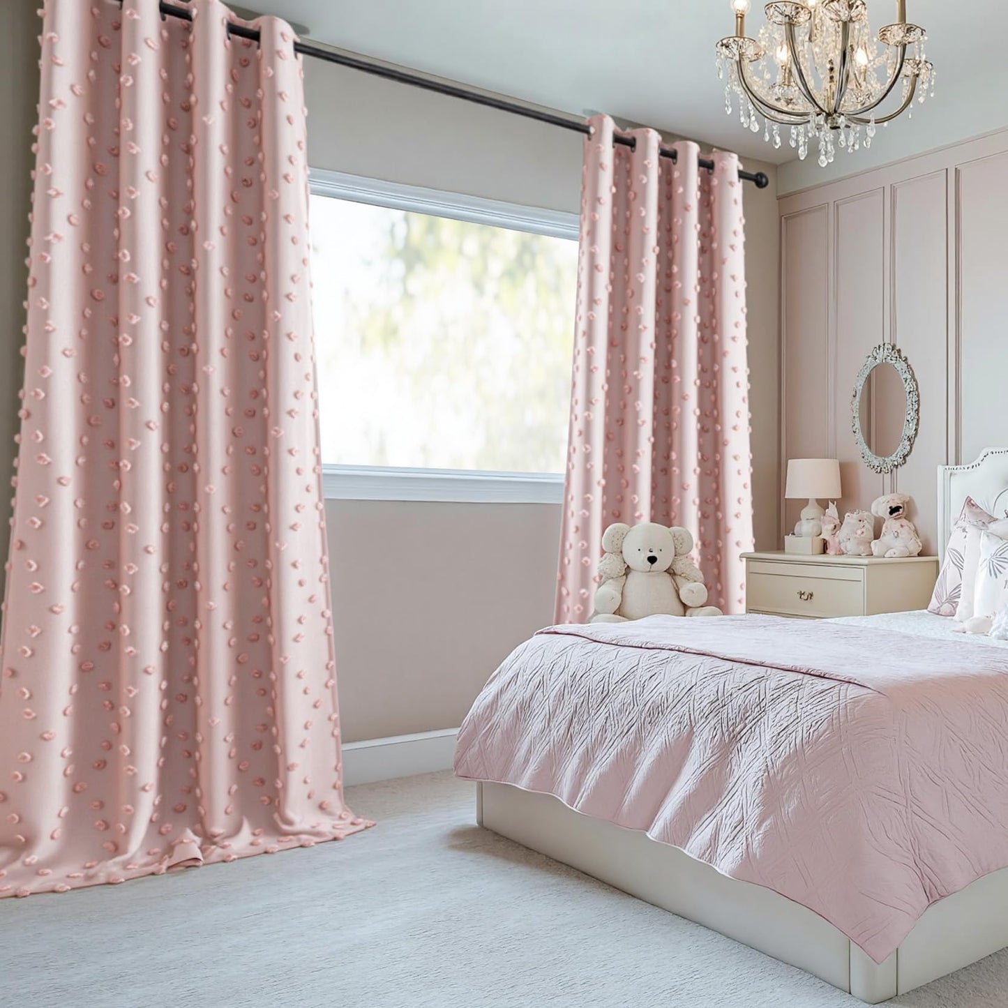 MYSKY HOME 100% Blackout Curtains for Nursery Thermal Insulated Blush Pink Pom Pom Curtain 72 Inch Length for Girls Bedroom 2 Panels Grommet White Sheer Drapes for Kitchen Dining Room Door, 52W x 72L