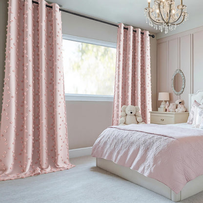 MYSKY HOME 100% Blackout Curtains for Nursery Thermal Insulated Blush Pink Pom Pom Curtain 72 Inch Length for Girls Bedroom 2 Panels Grommet White Sheer Drapes for Kitchen Dining Room Door, 52W x 72L