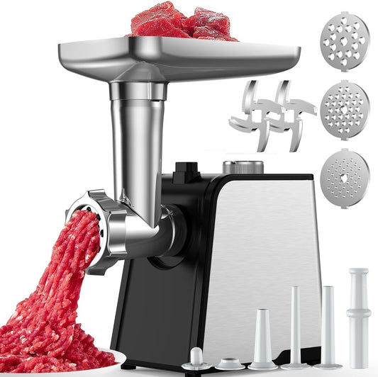 Oaomi 3200W Max Electric Meat Grinder & Sausage Stuffer - Mincer Machine with Tool 2 Blade And 3 Plates, 3 Tubes & Kubbe Kit Tool for Home Kitchen Use（Black）
