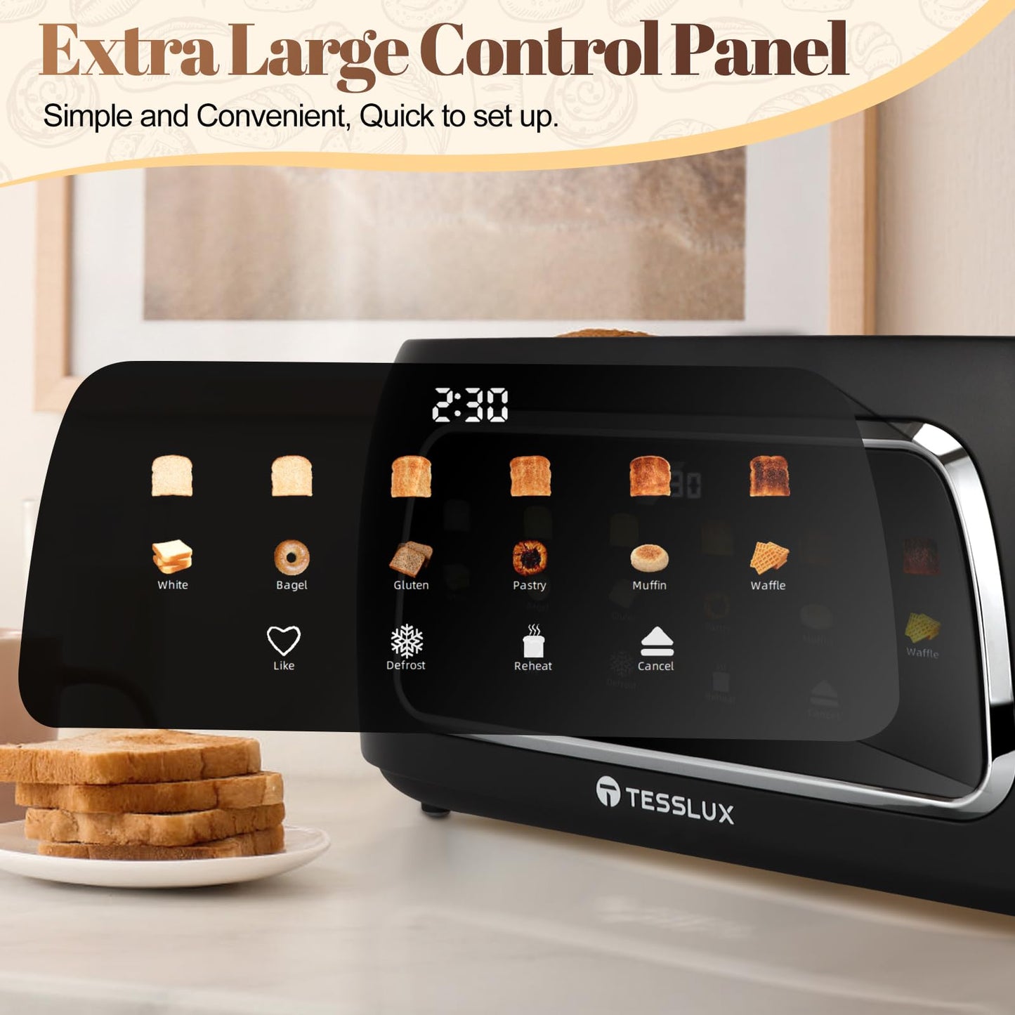 Tesslux 4 Slice Toaster with Touch Screen Control, 1.5" Wide Long Slots, 6 Browning Levels & 6 Bread Types, Digital Timer, Memory, Defrost, Reheat (BLACK)