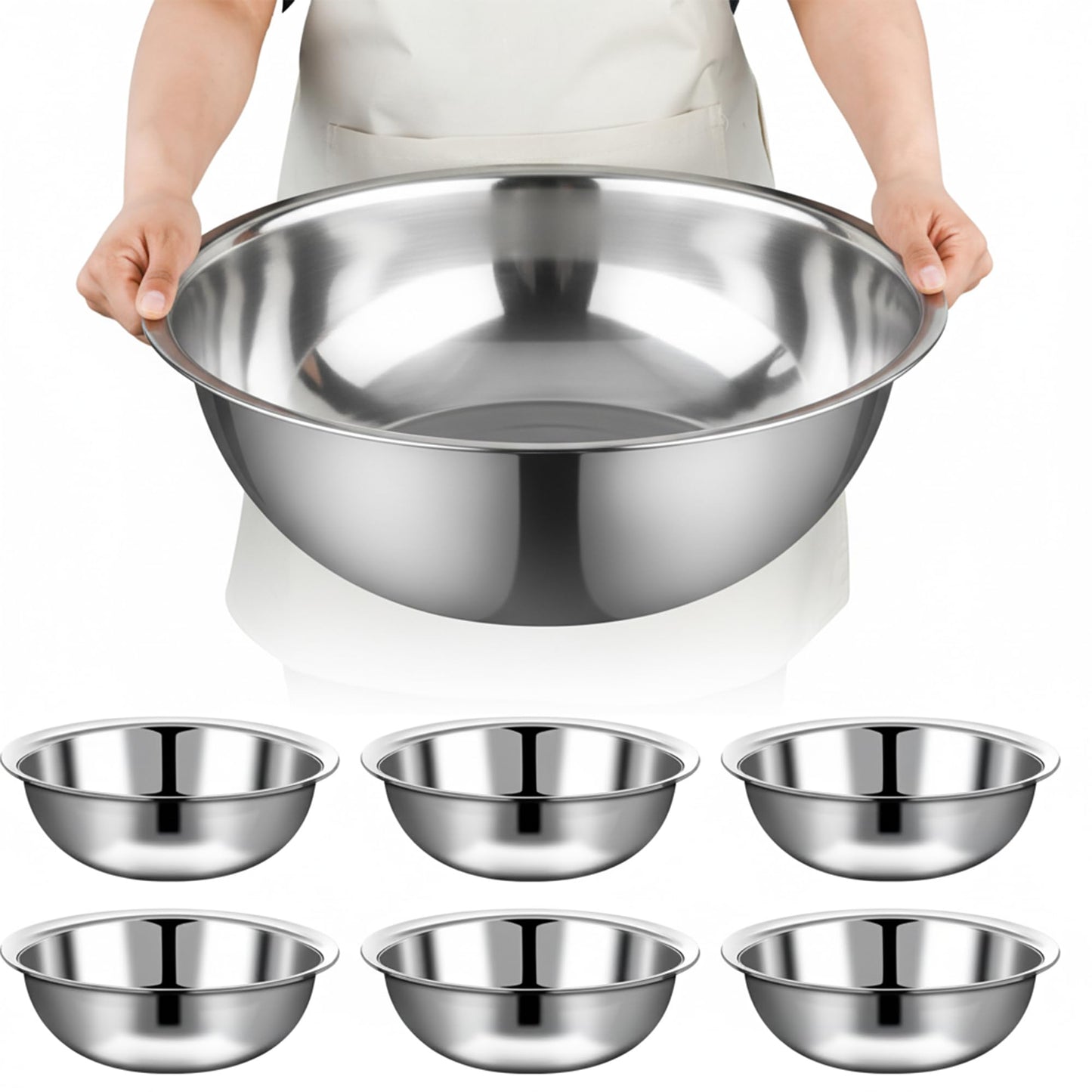 TREEHAC 6 Pcs Stainless Steel Mixing Bowls Metal Mixing Bowls Extra Large Basin Salad Bowl with Deeper Edge, Dishwasher Safe, Mirror Finish for Home and Commercial, Silver (16 Inch 13 Qt)