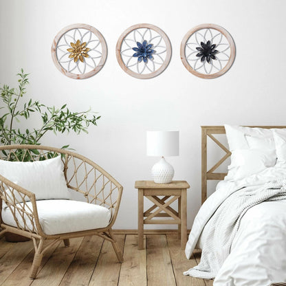 Paquesta 3 Piece Round Farmhouse Wall Decor with 6 Piece Interchangeable Flowers 15.75'' Medallion Wood & Metal Rustic Wall Art for Living Room Bedroom Kitchen Bathroom Dining Room Home Decorations (large white wheel)