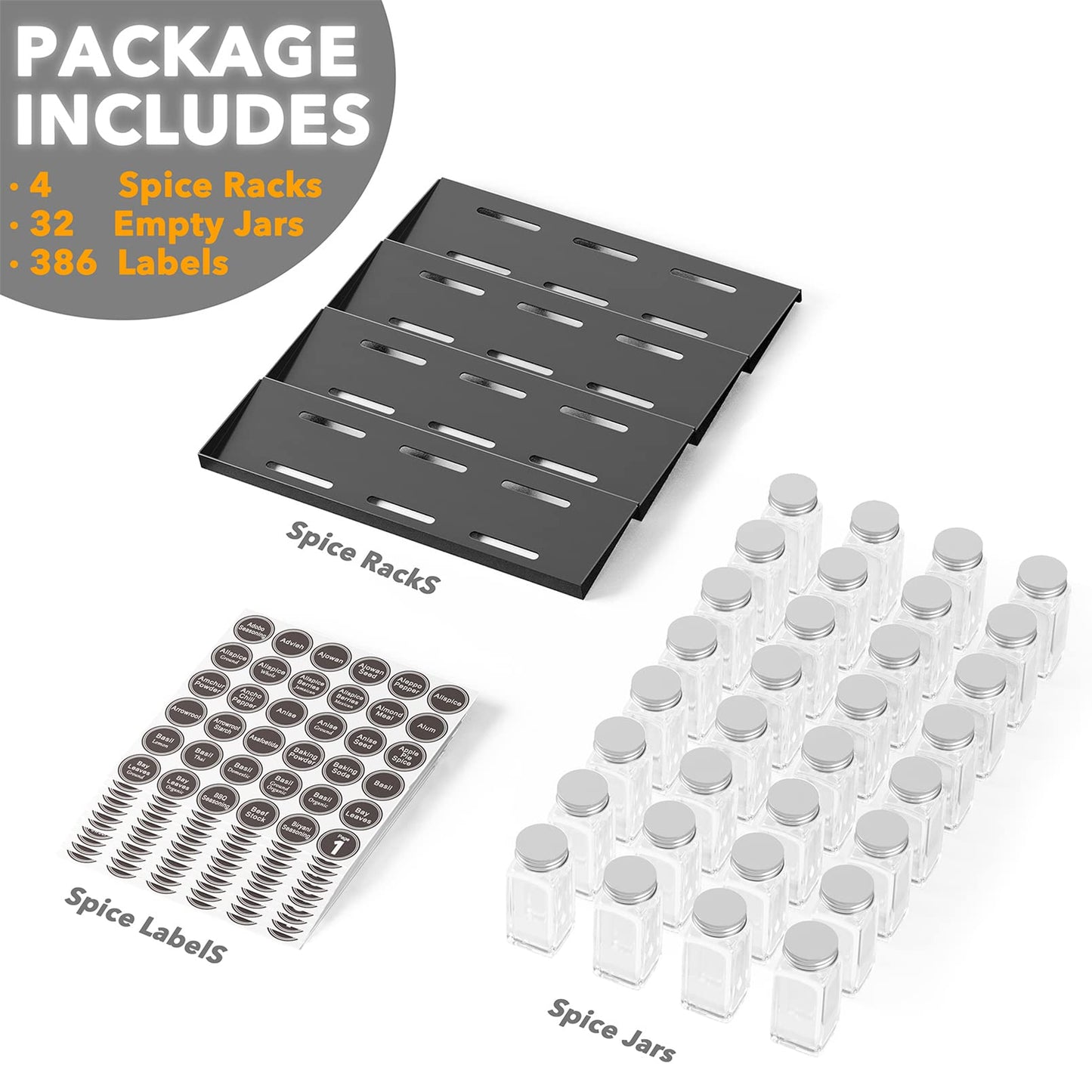 SpaceAid Spice Drawer Organizer with 32 Spice Jars, 386 Spice Labels, 4 Tier Seasoning Rack Tray Insert for Kitchen Drawers, 15" Wide x 17.5" Deep
