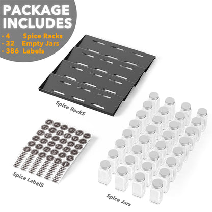 SpaceAid Spice Drawer Organizer with 32 Spice Jars, 386 Spice Labels, 4 Tier Seasoning Rack Tray Insert for Kitchen Drawers, 15" Wide x 17.5" Deep