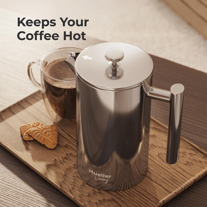 MuellerLiving French Press Coffee Maker 34oz, Stainless Steel French Press Coffee, 4 Filter Heat Resistant Double Insulated, Rust-Free, Food Grade, Dishwasher Safe Coffee Pot