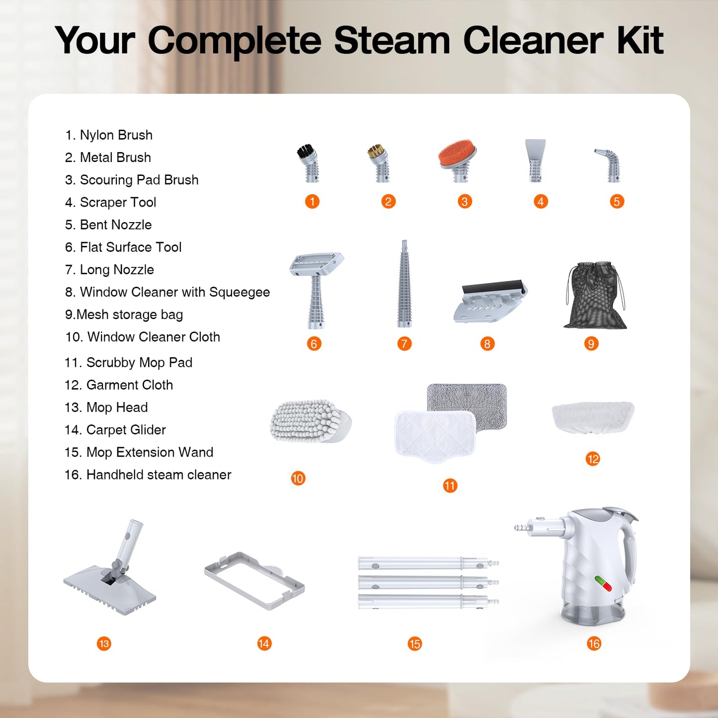 ScrubWiz 10-in-1 Steam Cleaner, Steam Mop & Detachable Handheld Steam Cleaner, 320ml Water Tank, 10s Fast Heating, Portable Steamer for Kitchen, Floor, Tiles, Window, BBQ Grill, Car, Bright White