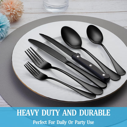 72 Pcs Black Silverware Set with Steak Knives, Stainless Steel Flatware Cutlery Set Service for 12, Kitchen Tableware Set, Utensil Set for Home and Restaurant, Knives Forks Spoon Set, Dishwasher Safe